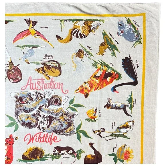 Vintage Wildlife Of Australia Linen Tablecloth Wall Hanging Koala Bear 52” X 45” - Picture 3 of 9